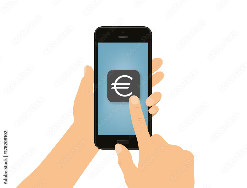 Hand tippt auf Smartphone - Euro Hand tippt auf Smartphone - Euro