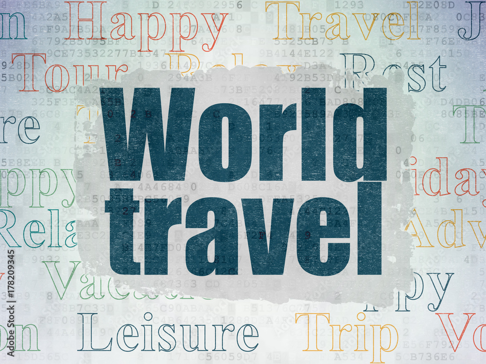 Vacation concept: Painted blue text World Travel on Digital Data Paper background with   Tag Cloud