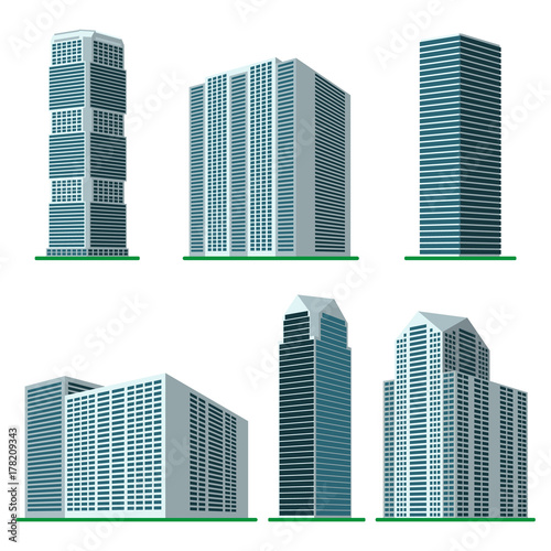 Set of six  modern high-rise building on a white background. View of the building from the bottom. Isometric vector illustration.
