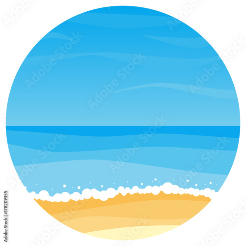 Vector landscape with summer beach in circle. Waves of the sandy beach, blue sky and sea. Landscape vector illustration.
