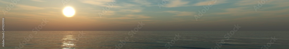 Panorama of sunset at sea, ocean sunrise, sun in clouds over water, banner, 3D rendering

