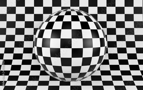 Black and white checker background with sphere. 3d render