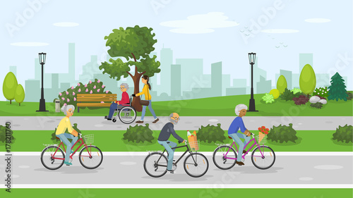 Active seniors in the City park. Seniors people cycling outdoor. Woman walking with senior man in a wheelchair in the city park. Vector illustration.