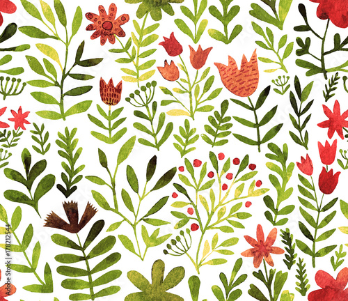 Vector pattern with flowers and plants. Floral decor. Original floral seamless background. Bright colors watercolor, autumn-summer botanical elements (ID: 178212544)