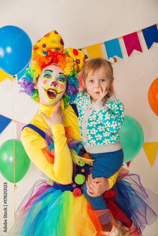 clown girl and little baby. Celebration. Birthday clown girl and little baby. Celebration. Birthday