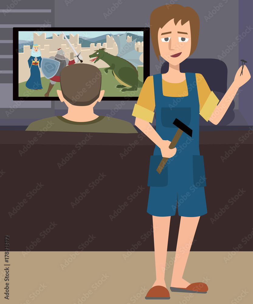 illustration of sad wife and husband addicted to video games illustration of sad wife and husband addicted to video games