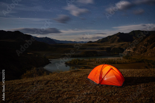 Tent and Camping hill landscape of at night.