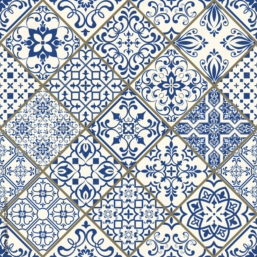 Set of tiles background For wallpaper. Backgrounds, decoration for your design, ceramic, Web. Vector tile pattern, Lisbon floral mosaic, Mediterranean seamless blue ornament