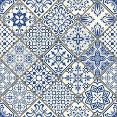 Keuken achterwand Portugese tegeltjes patronen Lissabon bloemenmozaïek in mediterraan blauw  © psk55