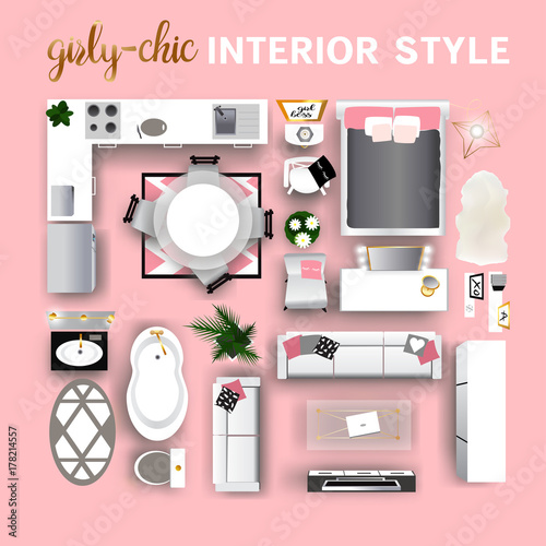 Interior top view for Young Women or teen girl. Modern realistic pink bedroom design. Vector illustration