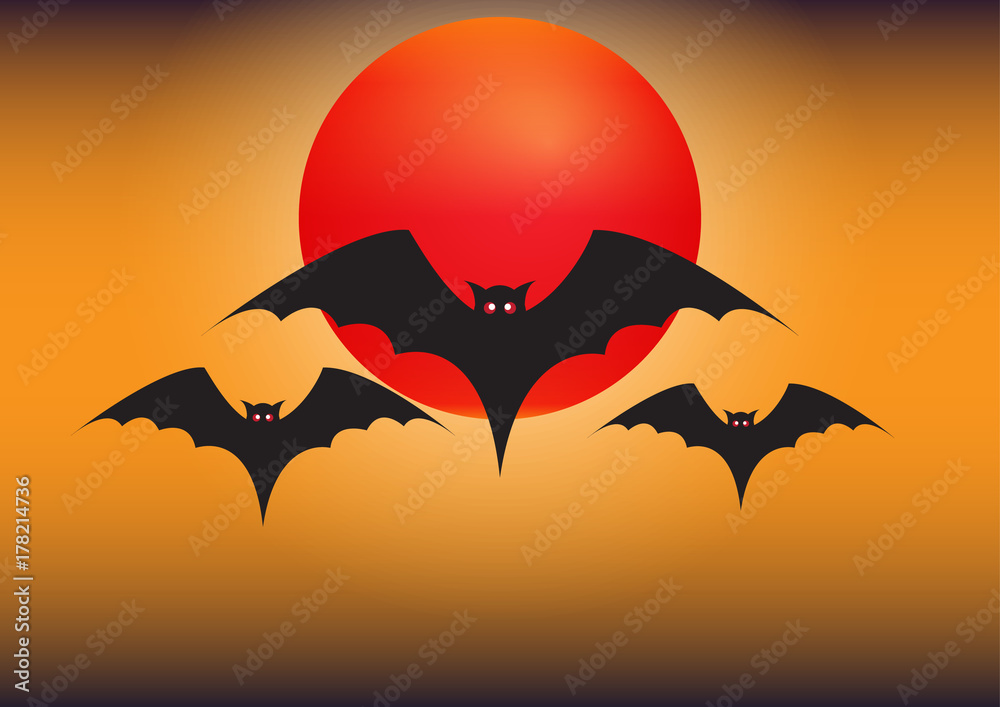 Flying bats and full moon, halloween concept vector illustration