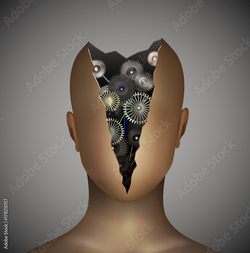 no emotions concept, mechanic head robot without face,