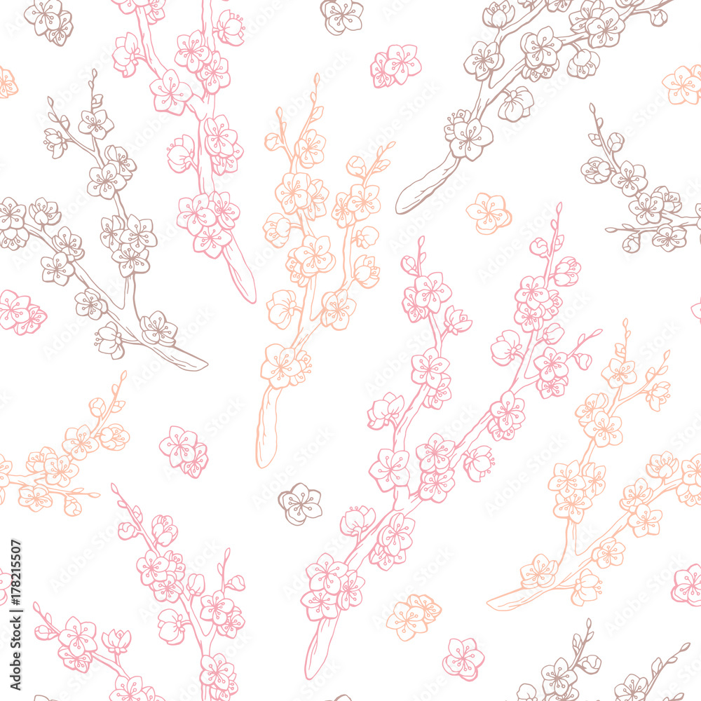 Sakura graphic flower branch color seamless pattern sketch illustration vector