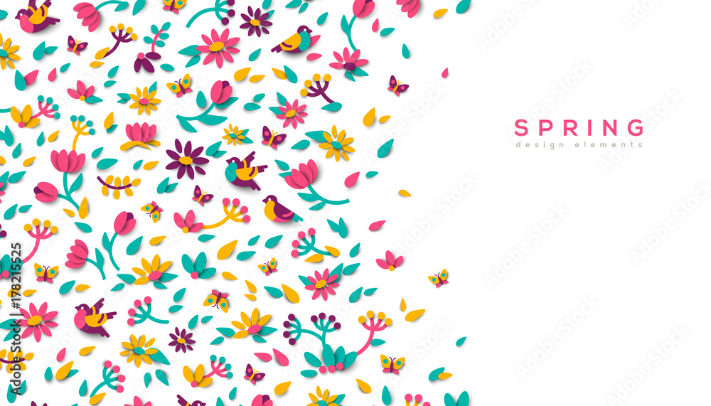 Horizontal banner with spring paper cut design elements