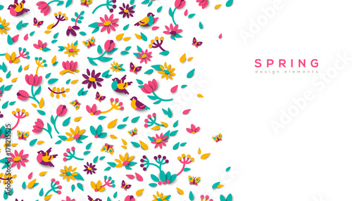 Horizontal banner with spring paper cut design elements
