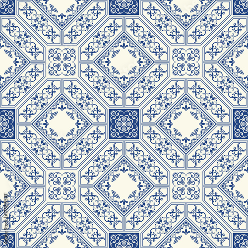 Oriental traditional ornament, Arabic, islamic, japanese motifs. Mediterranean seamless pattern, tile design, vector illustration. Italian majolica tiles, floral ornament