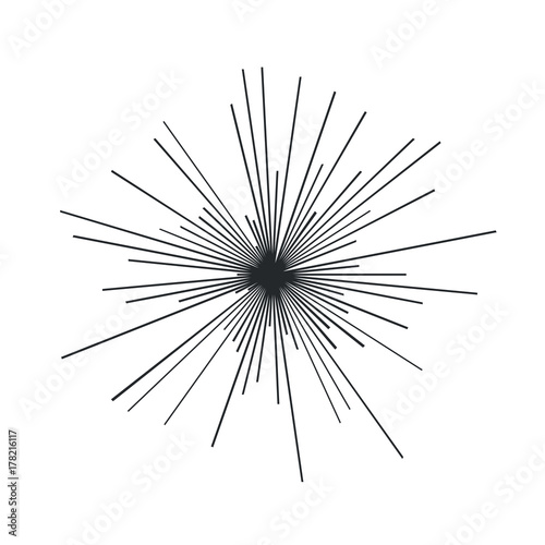 Sun burst, star burst sunshine. Radiating from the center of thin beams, lines. Design element for logo, signs. Dynamic style.