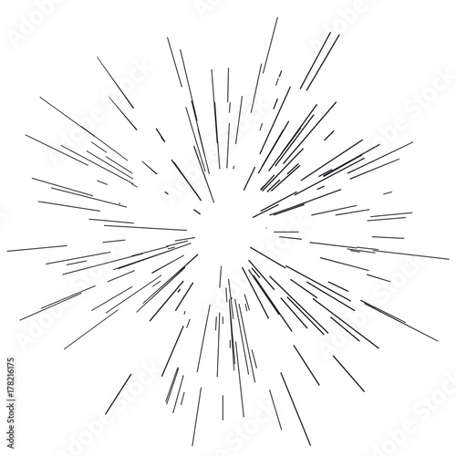 Sun burst, star burst sunshine. Radiating from the center of thin beams, lines. Design element for logo, signs. Dynamic style.