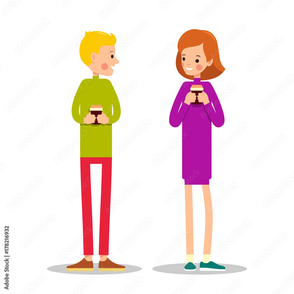 Man and woman are standing drinking hot drink