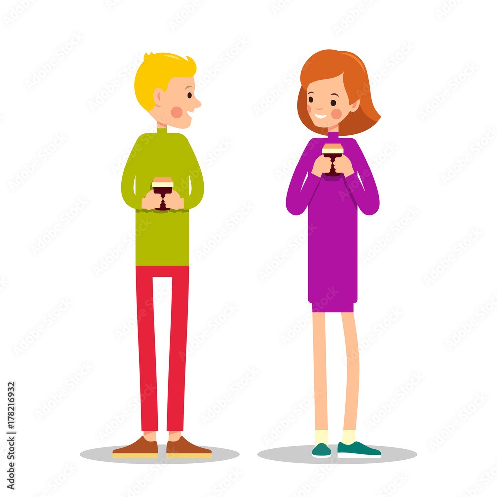 Man and woman are standing drinking hot drink Man and woman are standing drinking hot drink