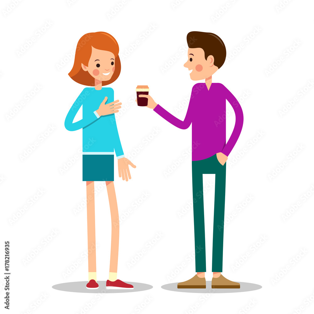 Young man offers a cup of coffee to a girl