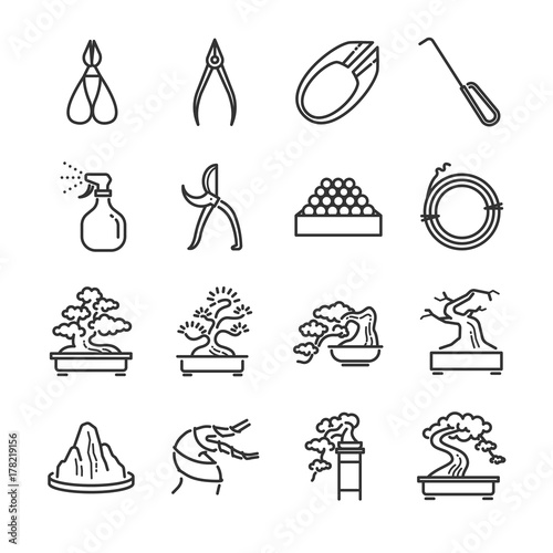 Bonsai line icon set. Included the icons as Juniper, containers, bending, wire, spray, tools and more.