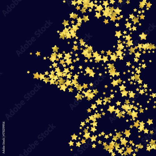 Star confetti. Gold random confetti background. Bright design template. Vector white and yellow cover template. Birthday or wedding invitation template. Abstract card for gifts. 2018 new year greeting