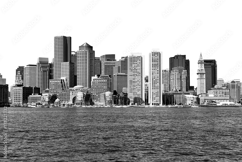 Boston skyline in black and white on a white background Stock Photo