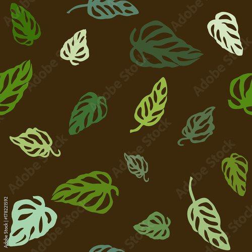 Seamless pattern of colorful leaves Monstera  isolated on dark background. 