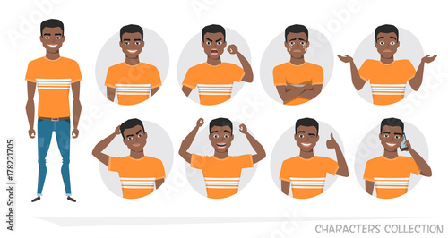 Set of emotions and gestures to the young black african american man.