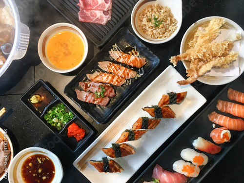 Top view set of japanese food sushi shabu and tempura photo