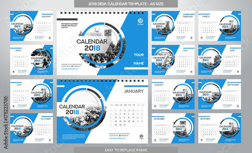Desk Calendar 2018 template - 12 months included - A5 Size