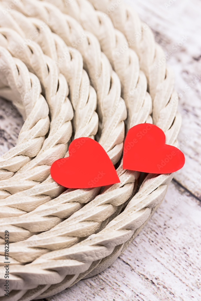 Happy Valentine's Day. Two red hearts on a light background. FFree space for text Happy Valentine's Day. Two red hearts on a light background. FFree space for text