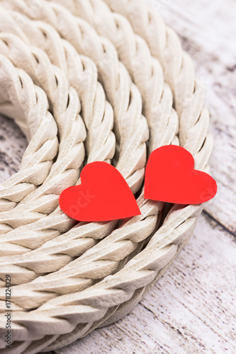 Happy Valentine s Day. Two red hearts on a light background. FFree space for text