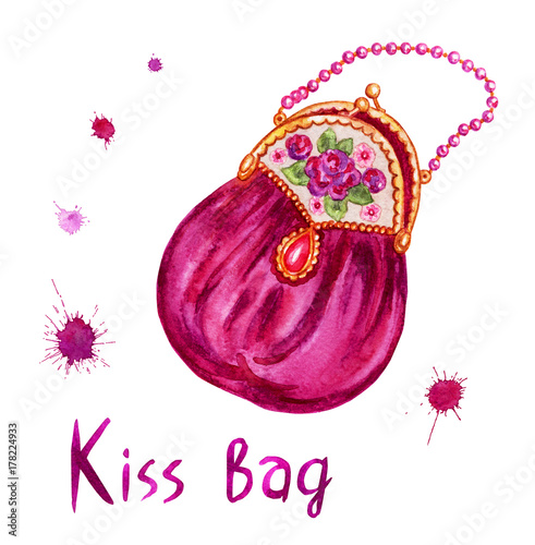 Female handbag with a clasp, watercolor drawing on a white background with clipping path.