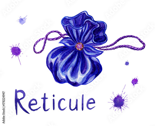 A female handbag is a reticule, a watercolor drawing on a white background with a clipping path.