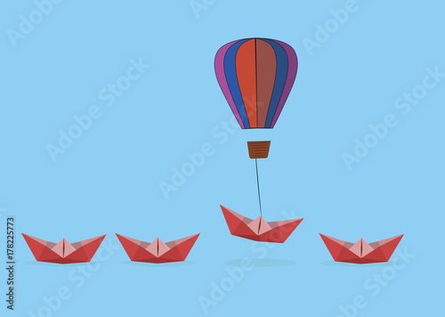 a paper boat lifts a balloon. Advantages for business and the concept of success. Uniqueness, leadership, independence, initiative, strategy, dissent, different thoughts. Vector illustration