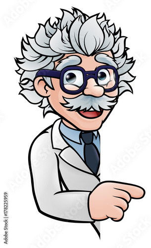 Scientist Cartoon Character Pointing Sign
