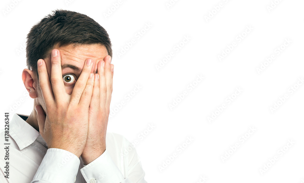 Close up face man portrait with fear emotion isolated on white background Close up face man portrait with fear emotion isolated on white background