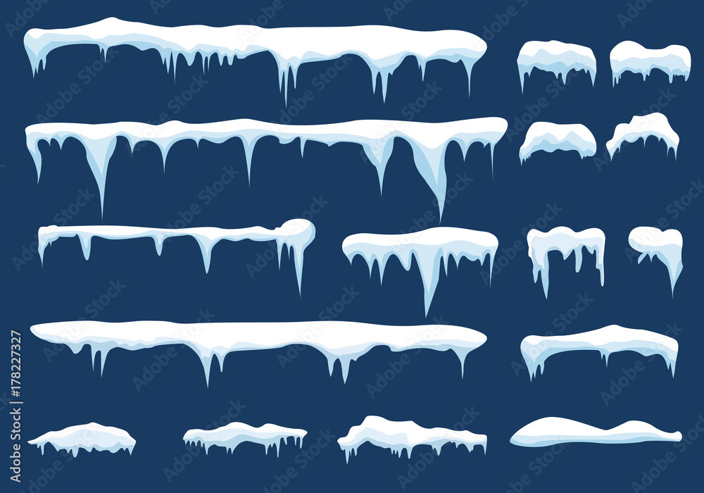 Set of snow icicles, snow cap isolated. Snowy elements on winter background. Vector template in cartoon style - obrazy, fototapety, plakaty 