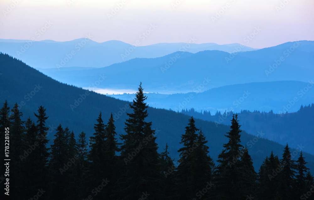 Beautiful hills at sunrise in the Carpathian mountains.