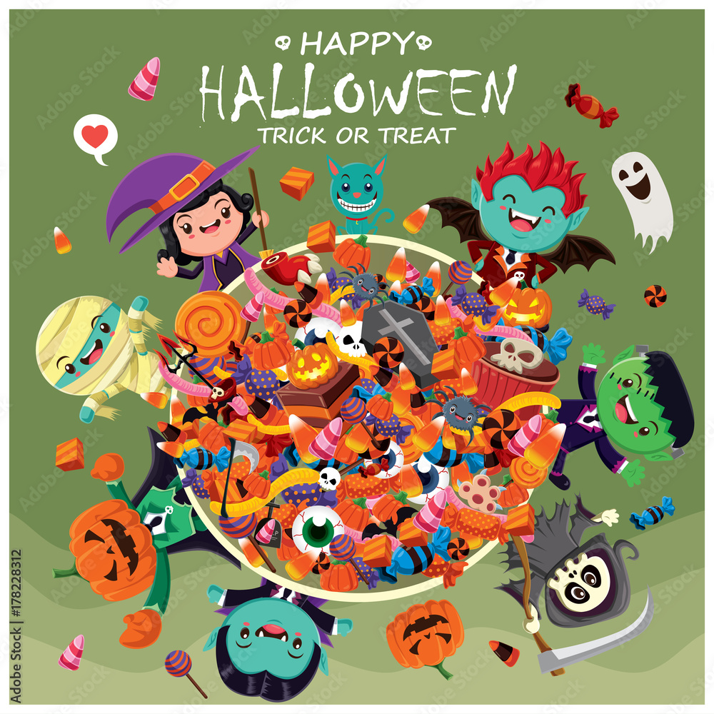 Naklejka premium Vintage Halloween poster design with vector witch, ghost, vampire, mummy, reaper, cat characters. 