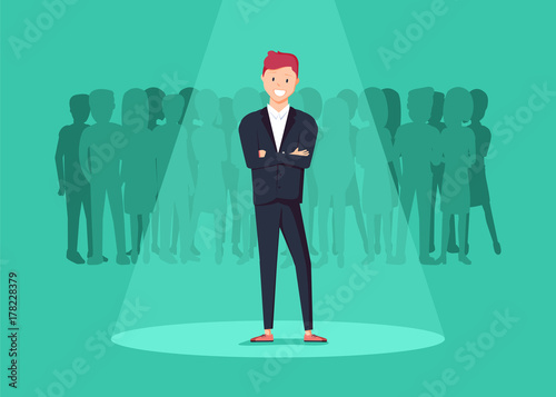 Business recruitment or hiring vector concept. Looking for talent. Businessman standing in spotlight or searchligh