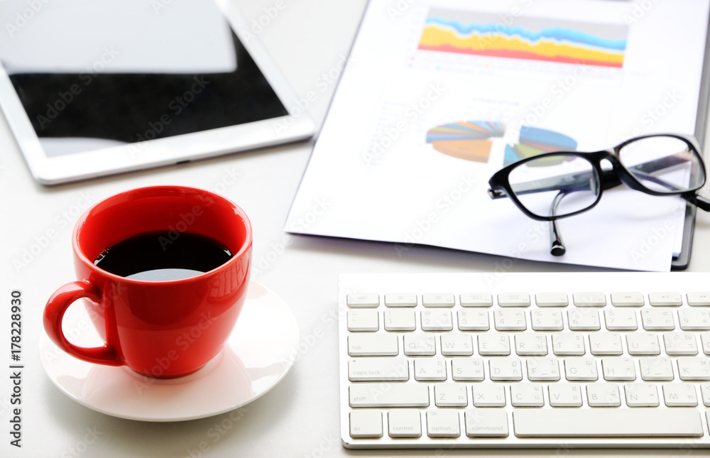 Red Coffee Cup on the desk Business Workspace background in Office Morning work Red Coffee Cup on the desk Business Workspace background in Office Morning work