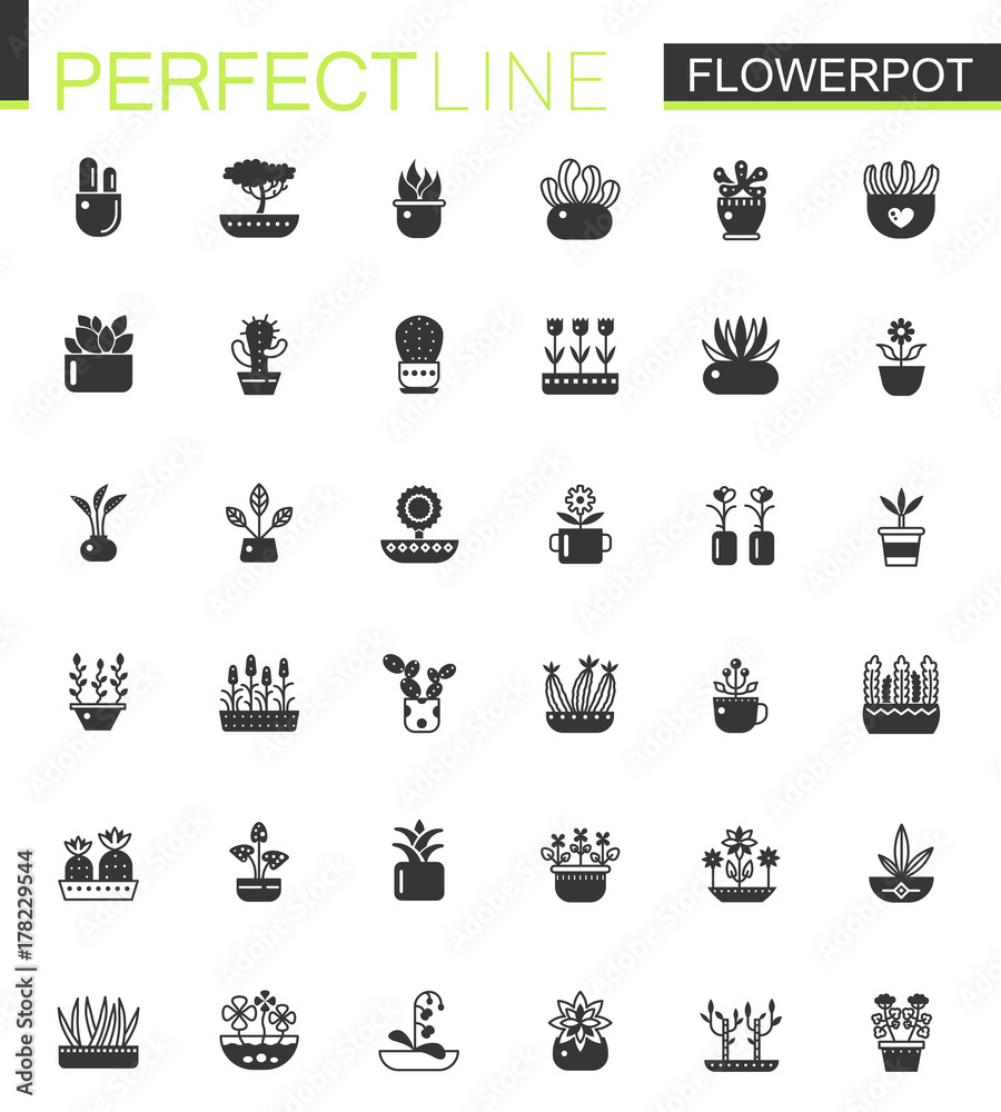Black classic House plants and flowers in Flowerpots icons set.