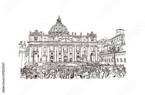 Hand drawn sketch of Vatican City, Rome, St. Peter's Basilica in vector illustration.