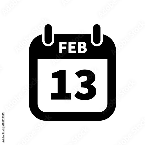 Simple black calendar icon with 13 february date isolated on white