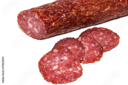 Salami smoked sausage isolated on white background cutout