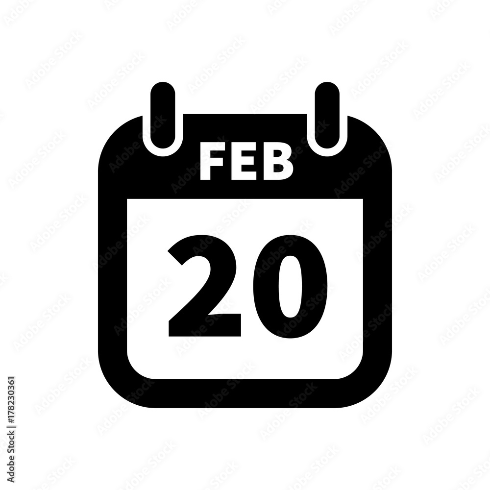 Simple black calendar icon with 20 february date isolated on white Simple black calendar icon with 20 february date isolated on white