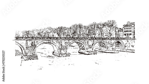 Hand drawn sketch of River Tiber, Ponte Sant Angelo and St. Peter's Basilica in the background. Rome, Italy. Vector illustration.